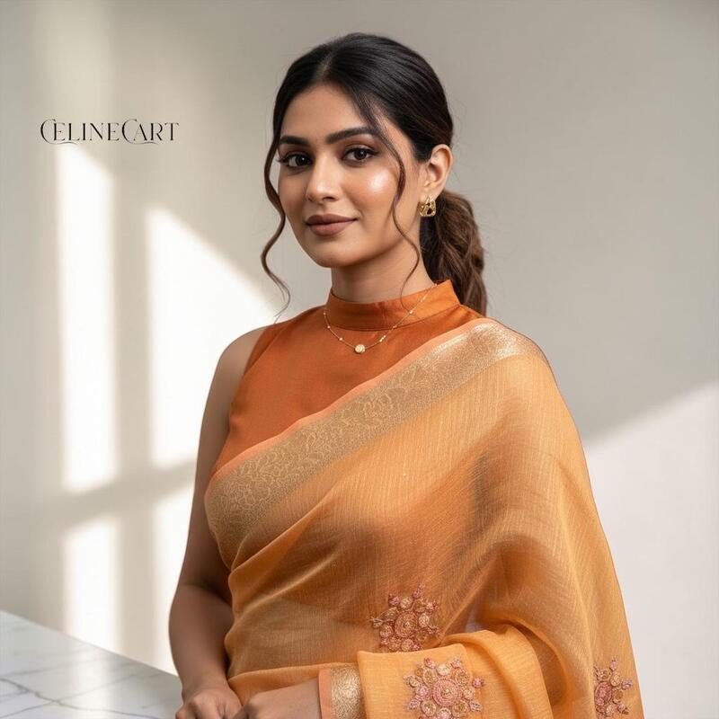 Peach-Orange Tissue Linen Saree with Intricate French Knot Embroidery and Zari Borders