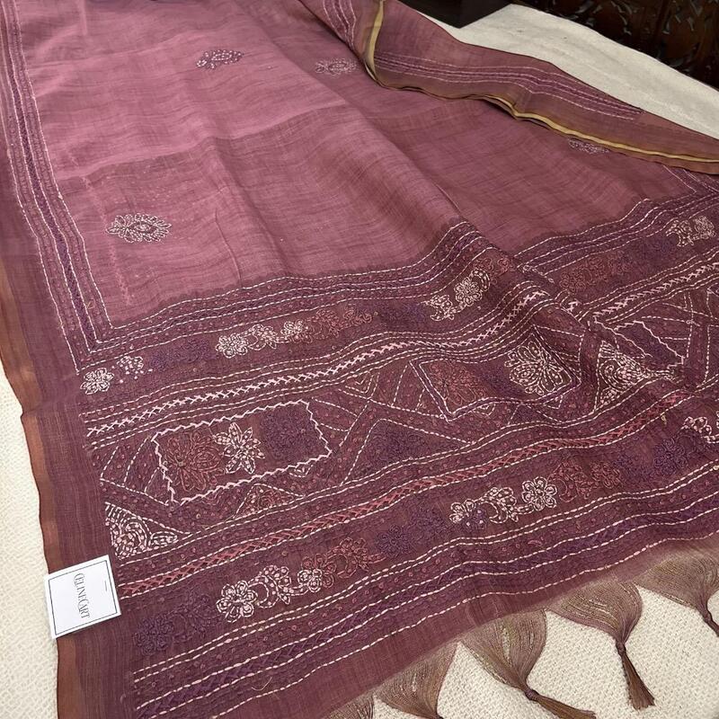 Rosewood Mauve Linen Tissue Blend Saree with Intricate Hand-Embroidery & Matching Blouse