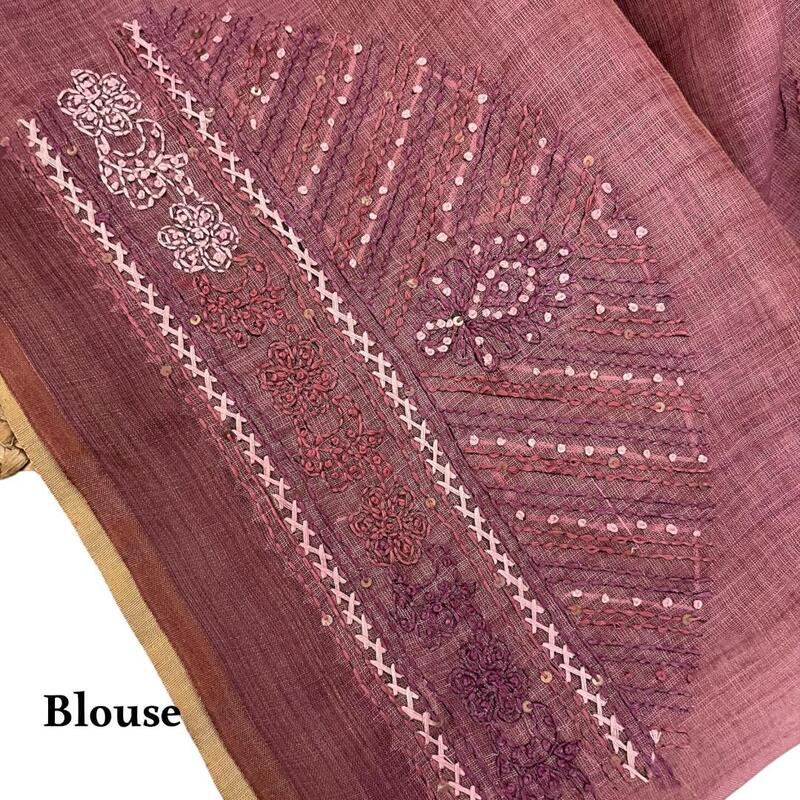 Rosewood Mauve Linen Tissue Blend Saree with Intricate Hand-Embroidery & Matching Blouse