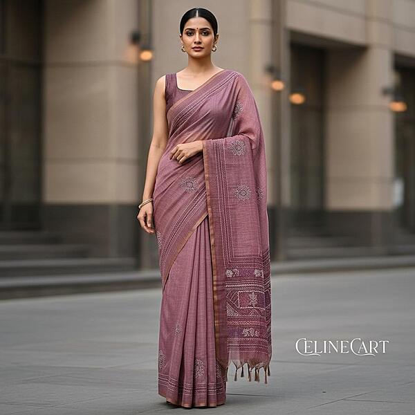 Rosewood Mauve Linen Tissue Blend Saree with Intricate Hand-Embroidery & Matching Blouse