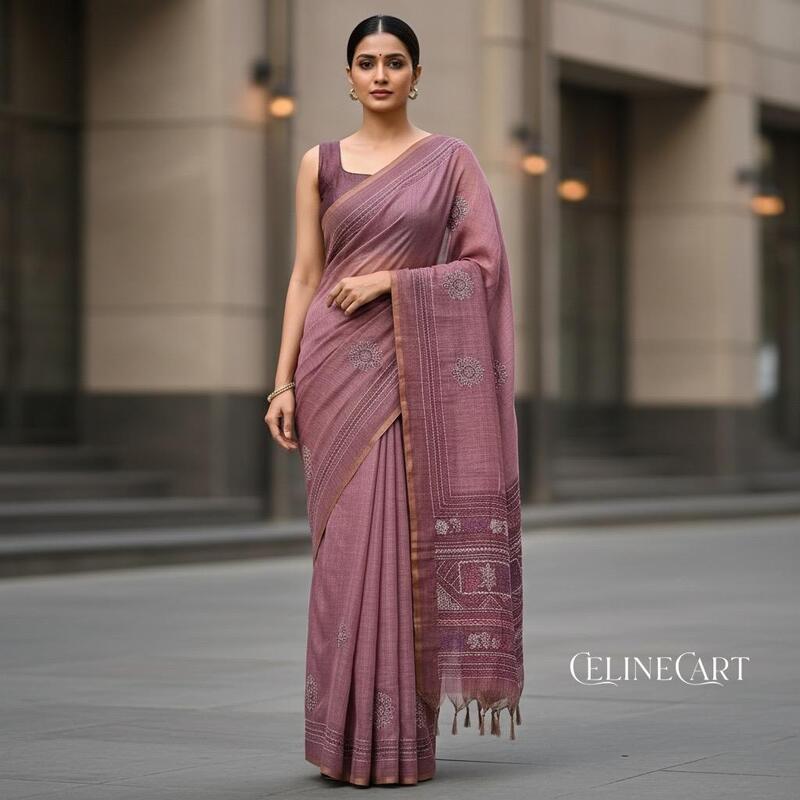 Rosewood Mauve Linen Tissue Blend Saree with Intricate Hand-Embroidery & Matching Blouse