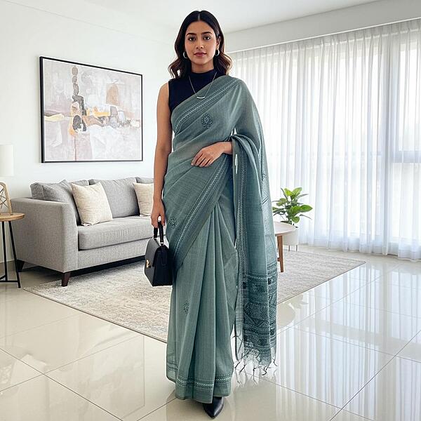 The French Knot Collection: Sage Green Linen Tissue Saree with Hand-Textured Embroidery