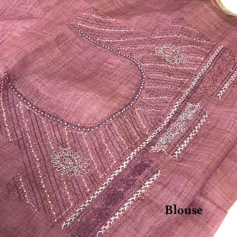 Rosewood Mauve Linen Tissue Blend Saree with Intricate Hand-Embroidery & Matching Blouse