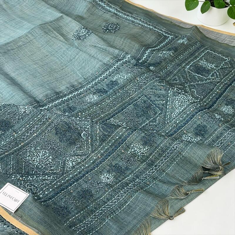 The French Knot Collection: Sage Green Linen Tissue Saree with Hand-Textured Embroidery