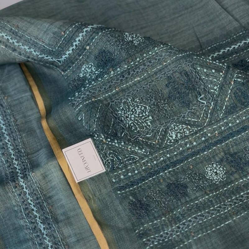 The French Knot Collection: Sage Green Linen Tissue Saree with Hand-Textured Embroidery