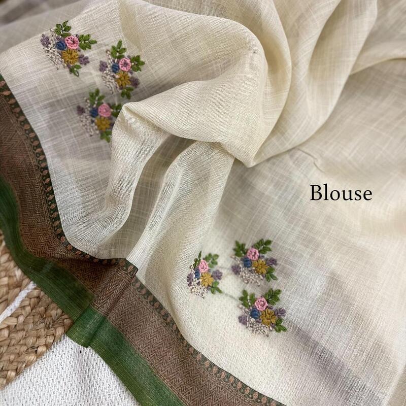 Earthy Elegance: Embroidered Linen-Cotton Saree with Rural Landscape Art