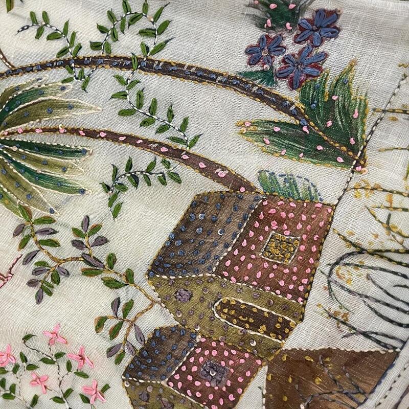 Earthy Elegance: Embroidered Linen-Cotton Saree with Rural Landscape Art