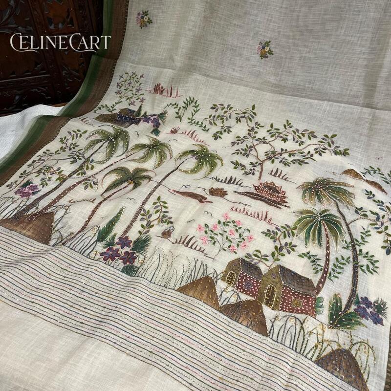 Earthy Elegance: Embroidered Linen-Cotton Saree with Rural Landscape Art