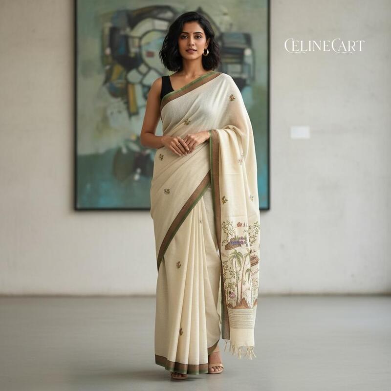 Earthy Elegance: Embroidered Linen-Cotton Saree with Rural Landscape Art