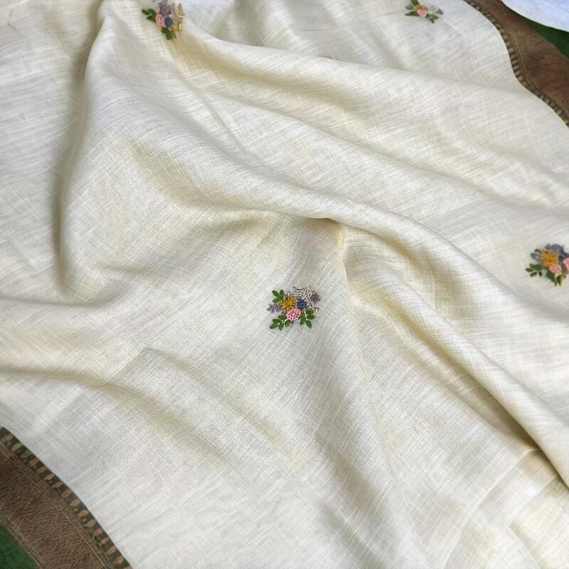 Earthy Elegance: Embroidered Linen-Cotton Saree with Rural Landscape Art