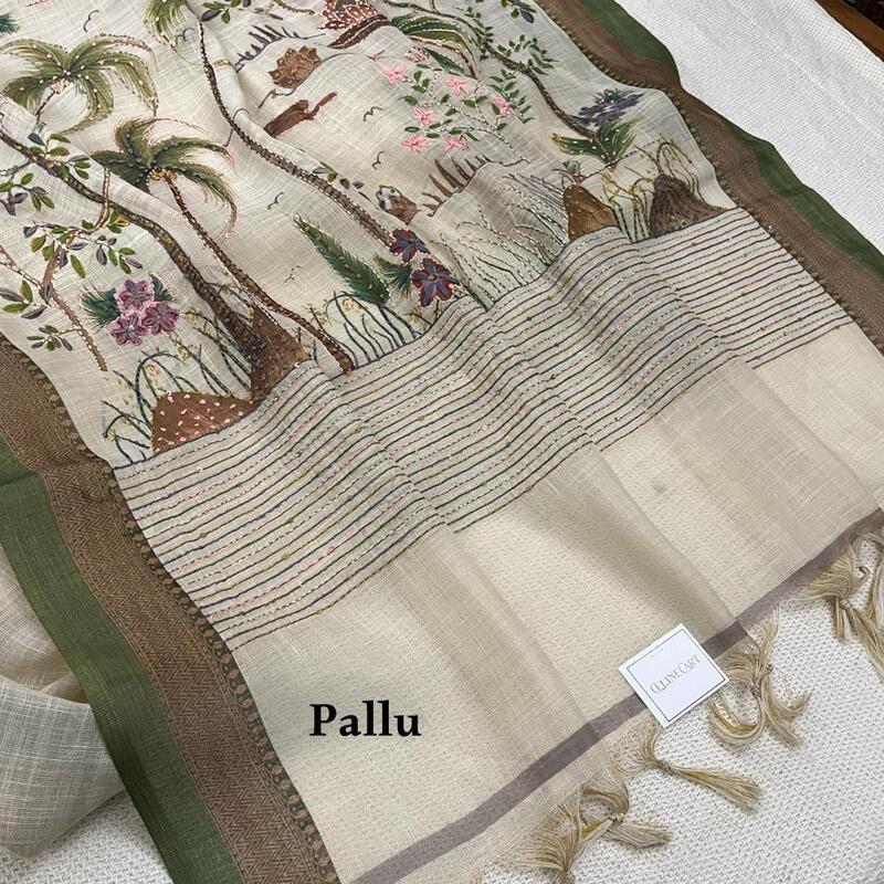 Earthy Elegance: Embroidered Linen-Cotton Saree with Rural Landscape Art