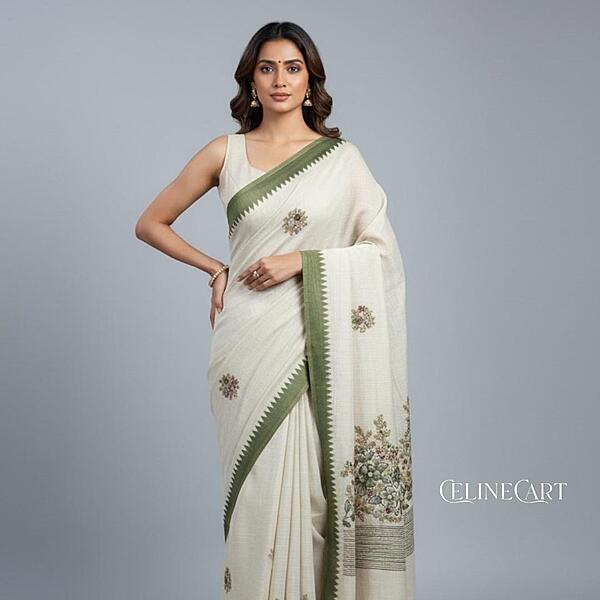 Cream Linen-Cotton Saree with Olive Green Temple Border and Floral Hand-Embroidery