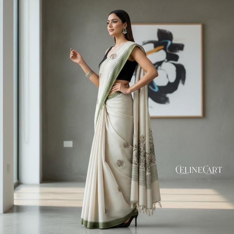 Cream Linen-Cotton Saree with Olive Green Temple Border and Floral Hand-Embroidery