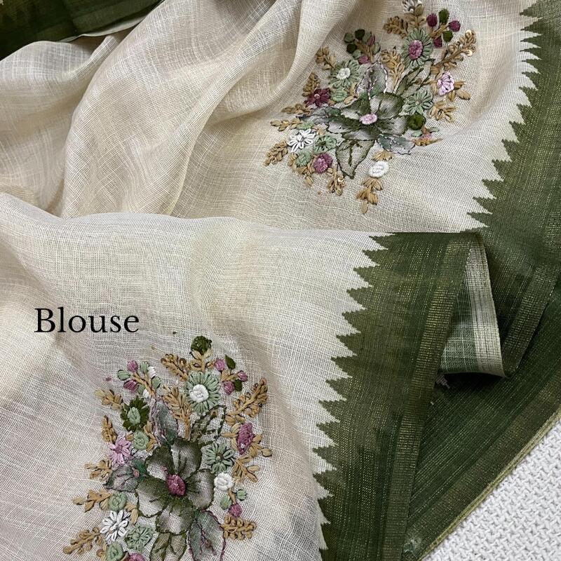 Cream Linen-Cotton Saree with Olive Green Temple Border and Floral Hand-Embroidery