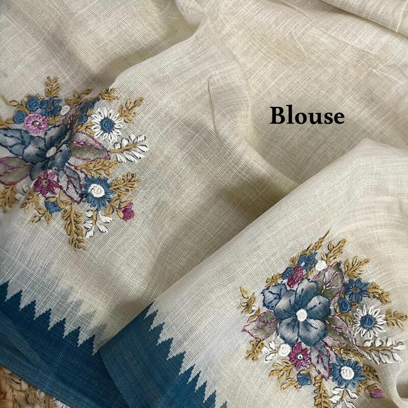 Ivory Tissue Silk Saree with Teal Temple Border and Floral Embroidery