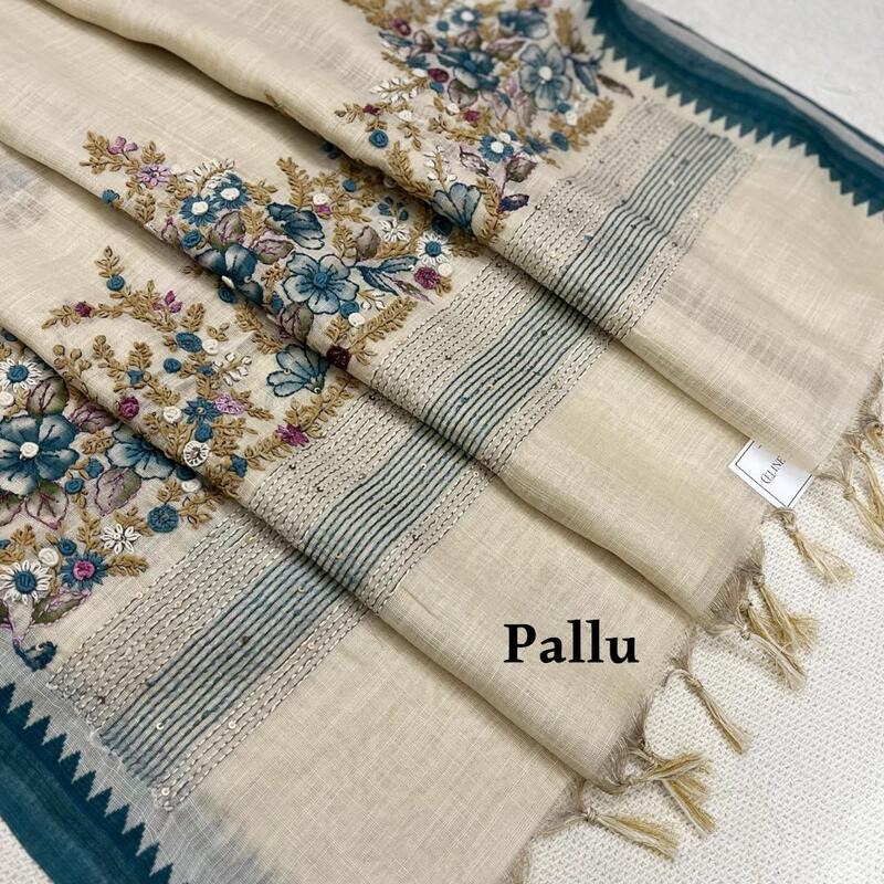 Ivory Tissue Silk Saree with Teal Temple Border and Floral Embroidery