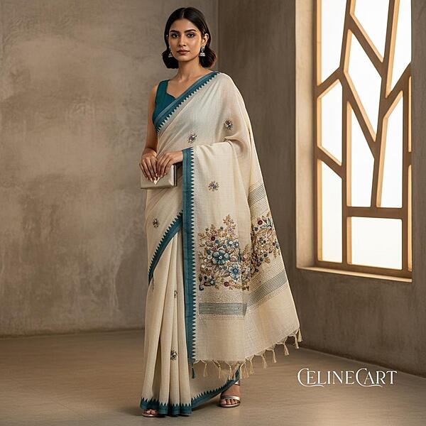 Ivory Tissue Silk Saree with Teal Temple Border and Floral Embroidery
