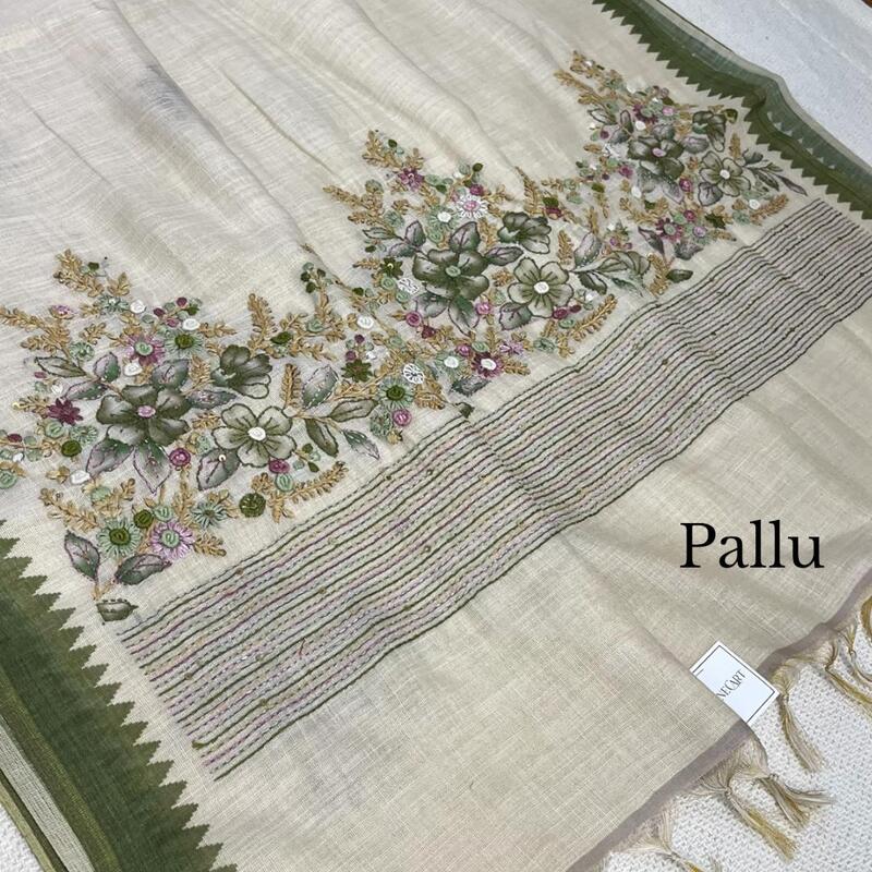 Cream Linen-Cotton Saree with Olive Green Temple Border and Floral Hand-Embroidery