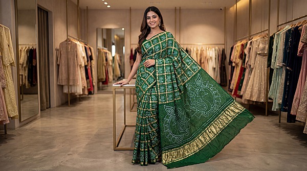 Kala Sanskruti All Over Green Color Pure Gaji Silk Heavy Gharchola Bandhani Saree 6.5M with Blouse Piece Elegant Traditional Wear Gharchola Saree for Women
