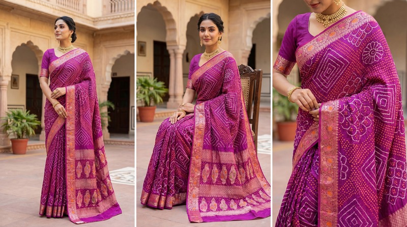 Kala Sanskruti All Over Rani Pink Color Pure Gaji Silk Bandhani Saree 6.5M with Blouse Piece Elegant Traditional Wear Saree for Women