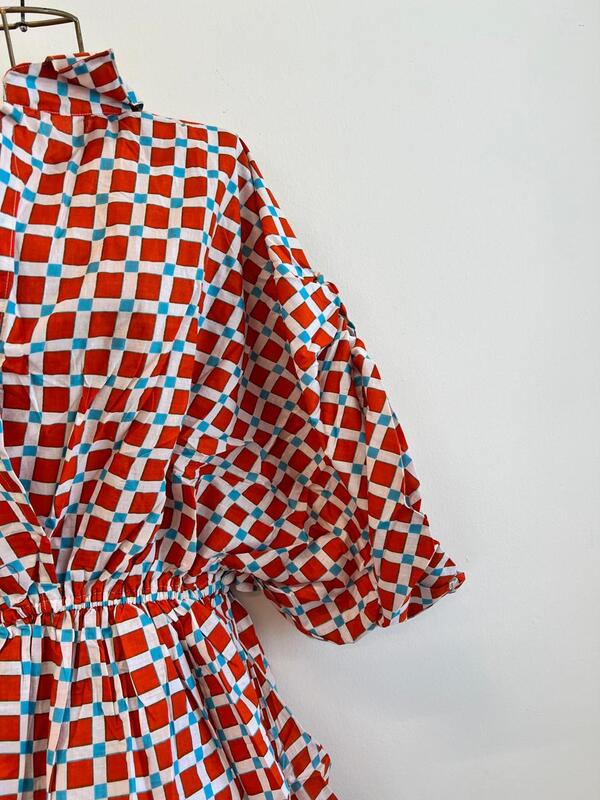 Meher's Scrunched Sleeve Peplum Top - Orange Gingham with Blue