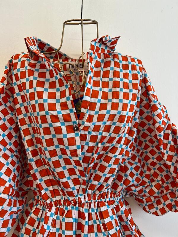 Meher's Scrunched Sleeve Peplum Top - Orange Gingham with Blue