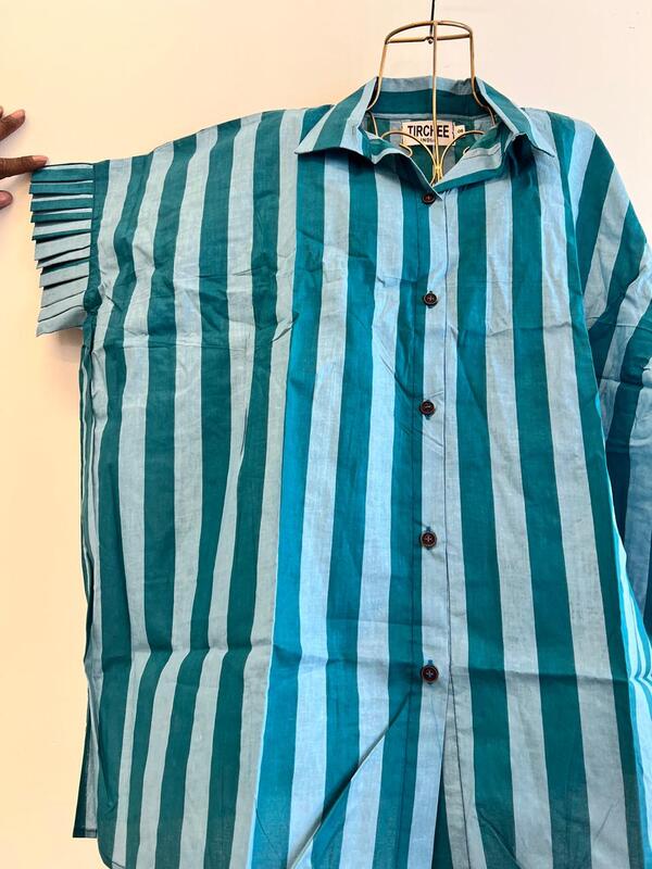 Malavika's Flowy Frill Shirt - Turquoise & Teal Stripes