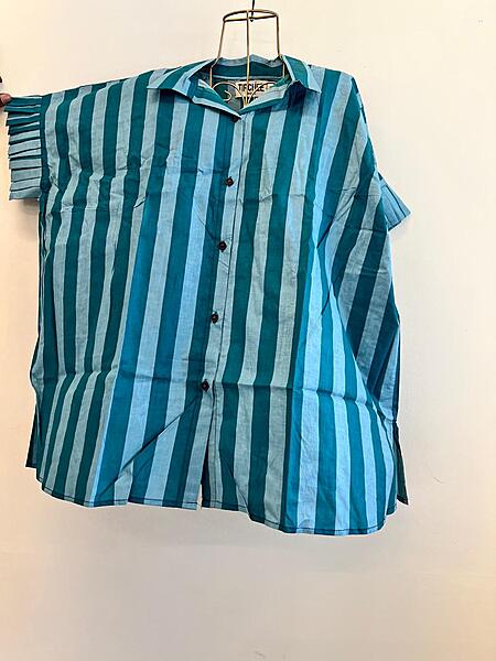 Malavika's Flowy Frill Shirt - Turquoise & Teal Stripes