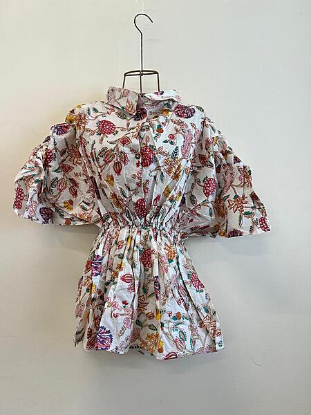 Meher's Scrunched Sleeve Peplum Top - White & Flowers