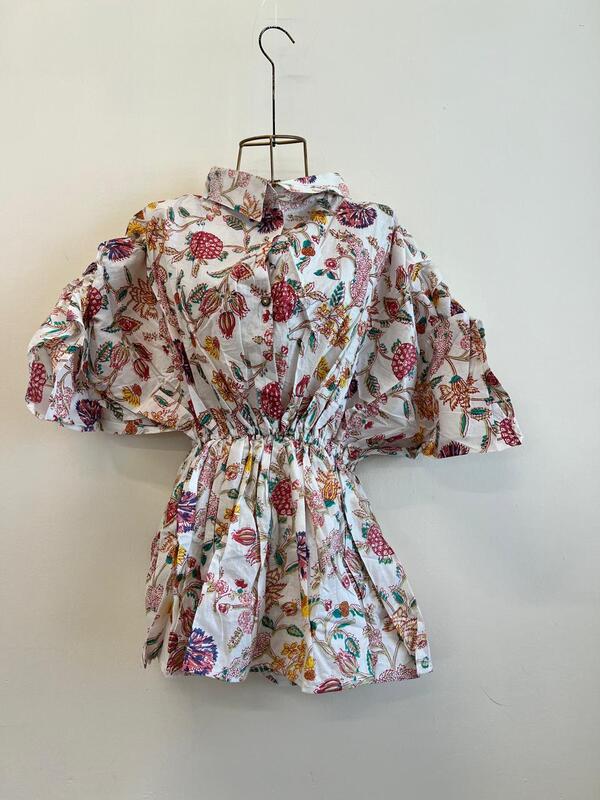 Meher's Scrunched Sleeve Peplum Top - White & Flowers