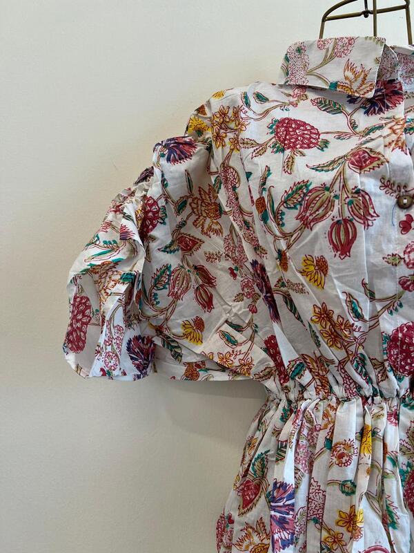 Meher's Scrunched Sleeve Peplum Top - White & Flowers