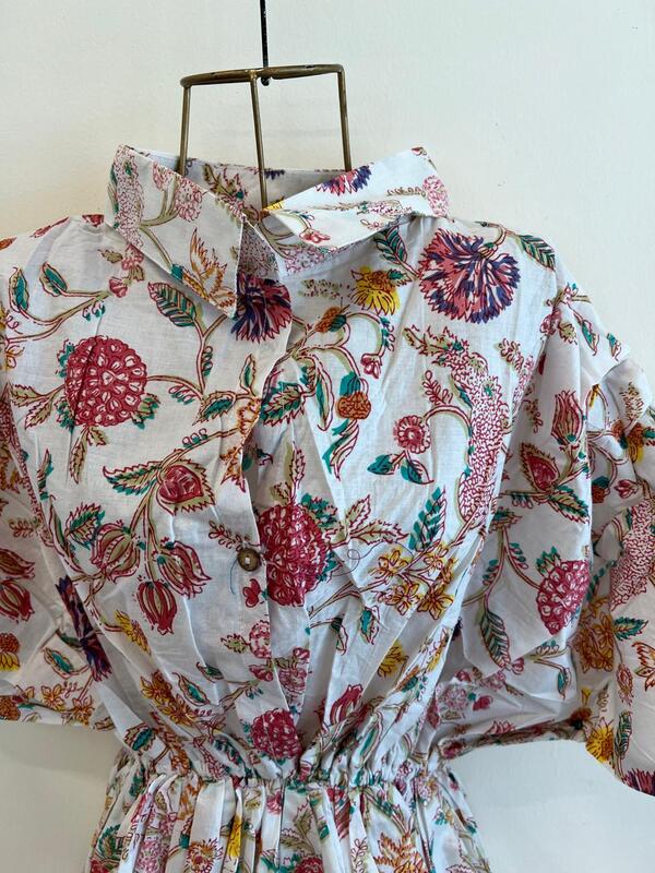 Meher's Scrunched Sleeve Peplum Top - White & Flowers