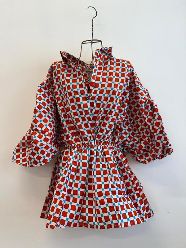 Meher's Scrunched Sleeve Peplum Top - Orange Gingham with Blue