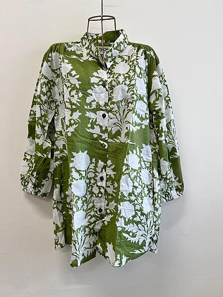 Sufi's Buttoned-Down Collared Shirt - Green & White Flowers