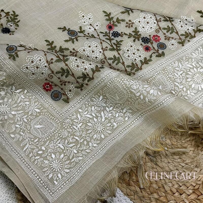 Ivory Sheer Tissue Saree with Multi-Hued Floral Embroidery & Scalloped Borders