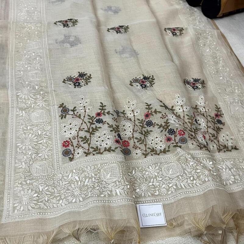 Ivory Sheer Tissue Saree with Multi-Hued Floral Embroidery & Scalloped Borders