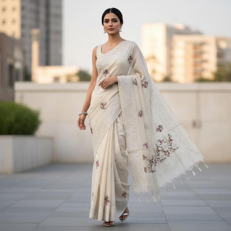Ivory Sheer Tissue Saree with Multi-Hued Floral Embroidery & Scalloped Borders