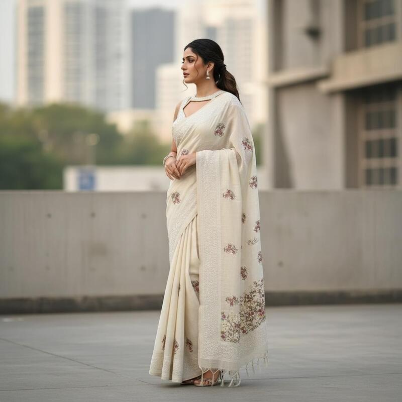 Ivory Sheer Tissue Saree with Multi-Hued Floral Embroidery & Scalloped Borders