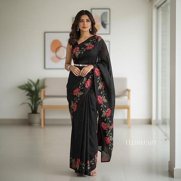 Midnight Rose Hand-Embroidery Linen Tissue Saree in Charcoal Black