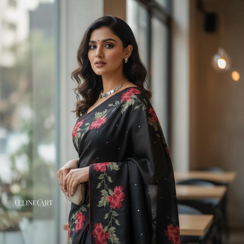 Midnight Rose Hand-Embroidery Linen Tissue Saree in Charcoal Black