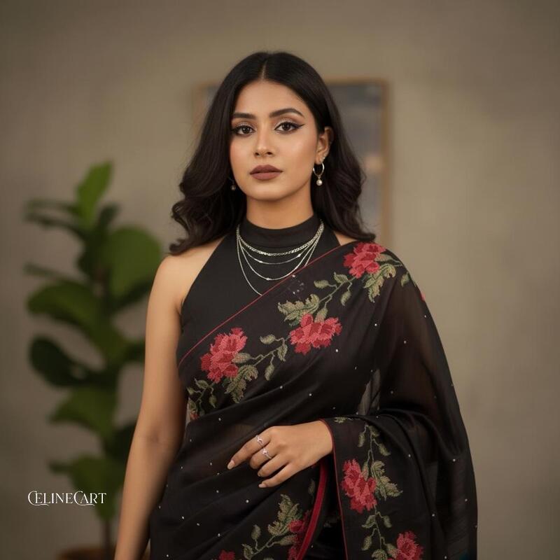 Midnight Rose Hand-Embroidery Linen Tissue Saree in Charcoal Black