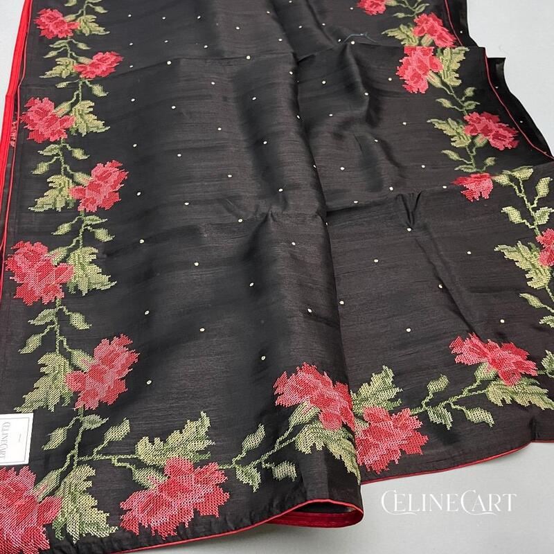 Midnight Rose Hand-Embroidery Linen Tissue Saree in Charcoal Black
