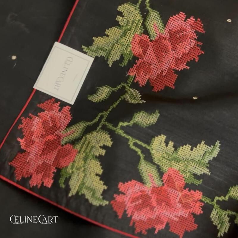 Midnight Rose Hand-Embroidery Linen Tissue Saree in Charcoal Black