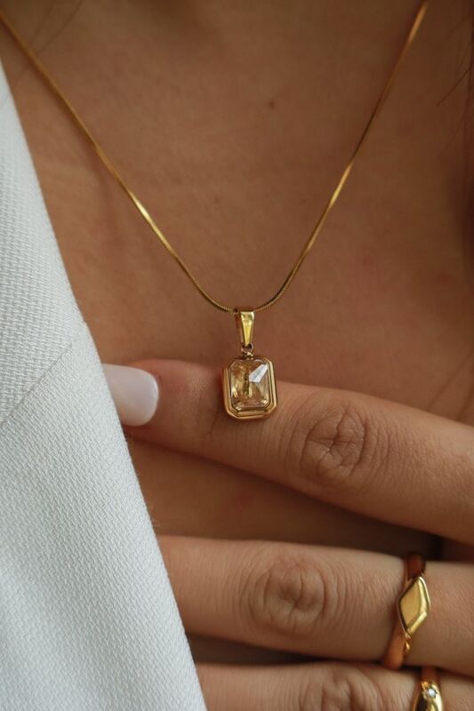 Gold Emerald-Cut Crystal Pendant Necklace