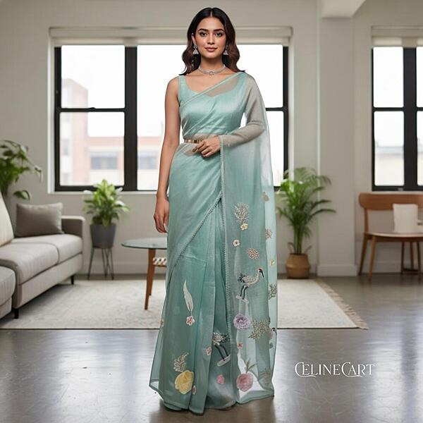 Ethereal Seafoam Green Crushed Organza Saree with 3D Floral & Avian Appliqué