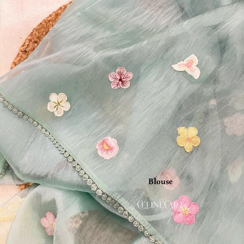 Ethereal Seafoam Green Crushed Organza Saree with 3D Floral & Avian Appliqué