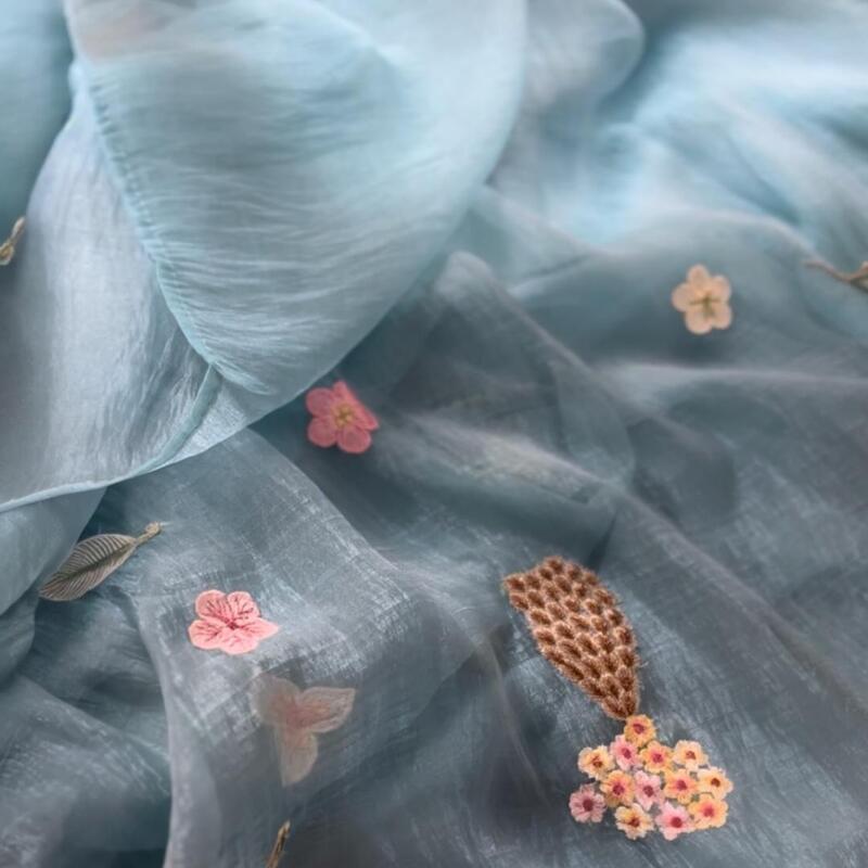 Ethereal Sky Blue Crushed Organza Saree with 3D Floral & Crane Appliqué
