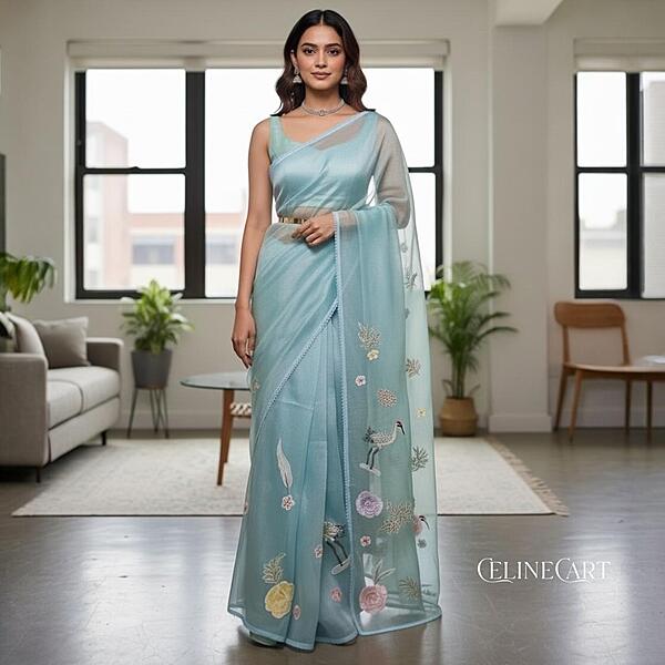 Ethereal Sky Blue Crushed Organza Saree with 3D Floral & Crane Appliqué