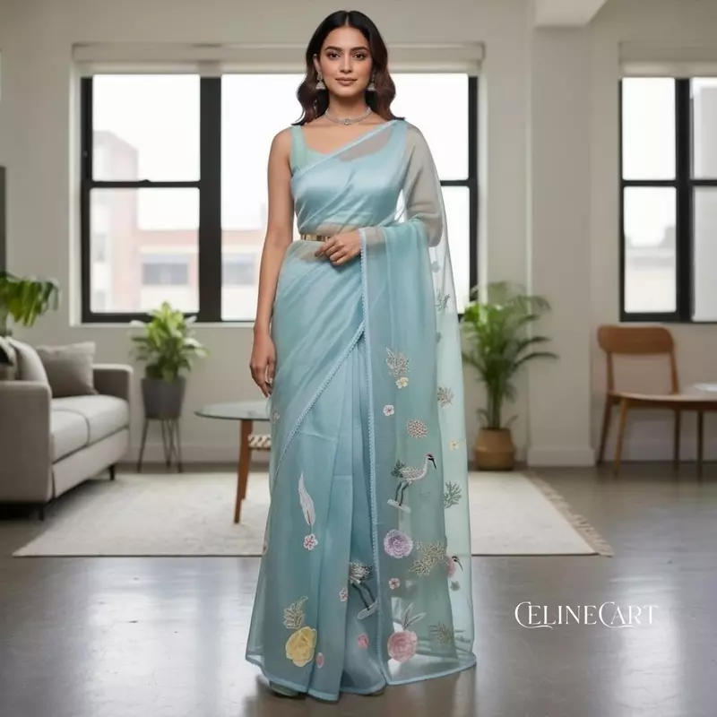 Ethereal Sky Blue Crushed Organza Saree with 3D Floral & Crane Appliqué
