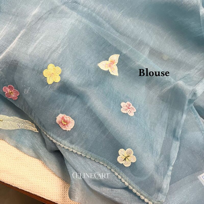 Ethereal Sky Blue Crushed Organza Saree with 3D Floral & Crane Appliqué